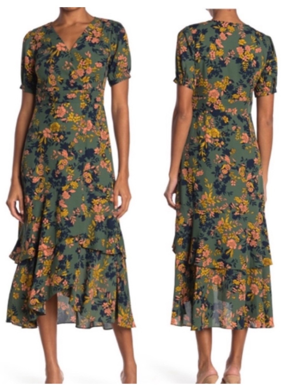 NWT Nanette Lepore Wrap Dress Floral Olive Green Midi Short Sleeves-10